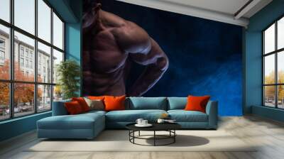 Muscular man showing muscles isolated on the black background with colored smoke. Concept of healthy lifestyle  Wall mural