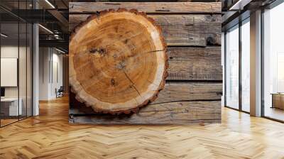 Aged cracked cut tree section with texture on wooden planks. Mockup. Flat lay Wall mural