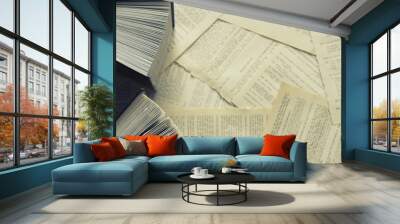 two open books on a background of scattered dictionary pages. top view . toned in blue Wall mural