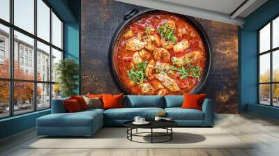 Traditional Creole cajun court bouillon with fish and seafood gumbo chowder stew as top view in a pot with copy space Wall mural