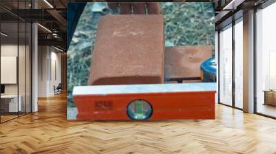 Measuring and marking bricks during the construction of house. Wall mural