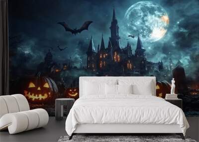 A spooky cemetery on Halloween night, with eerie pumpkins, bats flying, a haunted castle looming in the distance, and a glowing full moon overhead. Wall mural