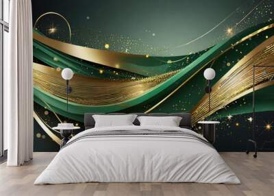 Abstract 3D green wave lines with shiny gold decorations on a dark gradient background. Wall mural