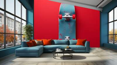 Blue skateboard on red background Wall mural