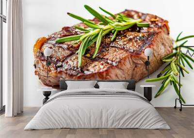 Grilled beef fillet steak meat with rosemary isolated on white background Wall mural