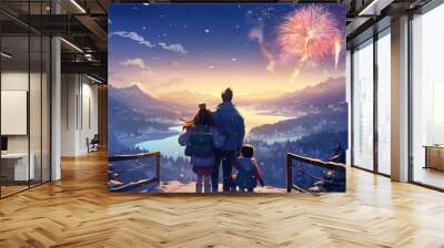 New Year holiday. Happy family, parents and daughters children girls are watching fireworks. The child sits on the shoulders of his father on snowy winter walk in nature. Holidays winter season. Wall mural