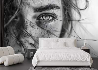 The girl pencil drawing. A charcoal drawing. Black-and-white portrait of a girl. Fashion. Beautiful portrait of a girl. Wall mural