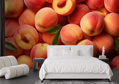 Top-view angle background of peach fruits. Wall mural