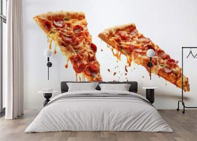 Two tempting hot pizzas descending from above, front view, set against a clean white background. Wall mural