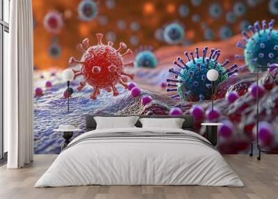 Virus cells floating in the background, illustrating a medical microbiology concept. Wall mural