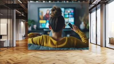 Woman relaxing on the couch, she is using the remote control and choosing a TV show or movie on the television menu. Wall mural