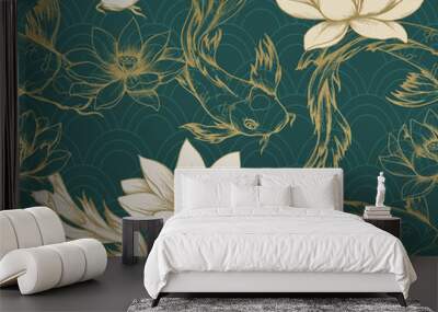 Seamless pattern with koi carps and lotuses Wall mural