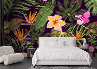 seamless pattern with tropical leaves and flowers Wall mural