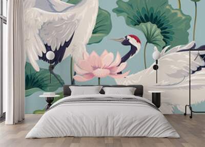 two japanese cranes and pink lotus Wall mural