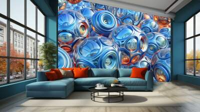 Metallic spheres with circular patterns in blue and orange
Abstract 3D shapes with reflective surfaces
Vibrant digital art featuring metallic spheres
Geometric patterns on a collection of spheres
Colo Wall mural