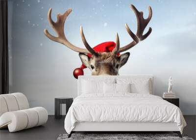 3D Illustration of reindeer with red nose and Santa hat against white backdrop Wall mural