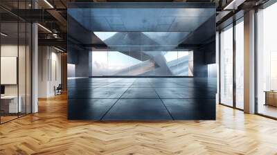 3d render of abstract futuristic glass architecture with empty concrete floor. Wall mural