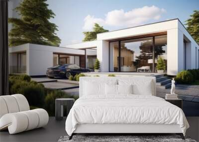 3d rendering of white luxury house with garage and garden, Modern architecture design. Wall mural