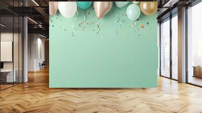 a background image that features birthday balloons, confetti, and ribbons on a pastel green background. is taken from a top view and has enough space for additional text. It would be suitable for Wall mural