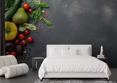 A background of vegetarian food with organic ingredients for healthy vegan nutrition is shown on a stone table, as seen from the top view. provides ample copy space. Wall mural