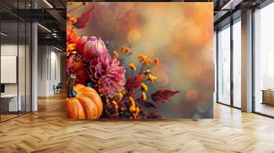 A beautiful arrangement of autumnal pumpkins and flowers with copy space image Wall mural