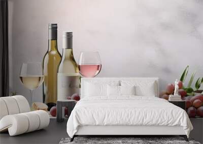 A bottle of pink wine with an appetizer set is featured in a romantic dinner scene on a light gray stone background. represents Mediterranean food and drinks for a wine party dinner. Wall mural