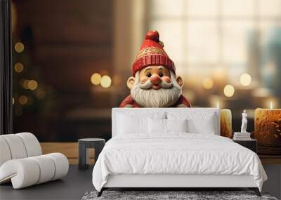 A charming Christmas gnome is placed on a wooden tabletop in a cozy room creating ample room for accompanying text in the image Wall mural