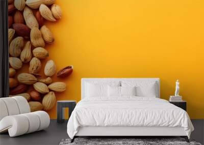 A copy space image features dried peanuts in shells arranged on a vibrant painted background Wall mural