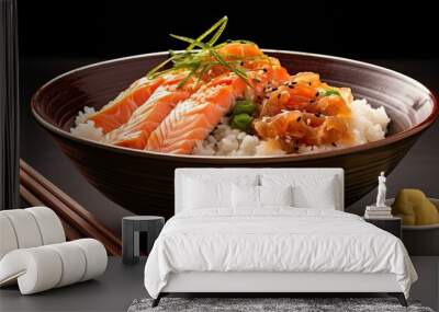 A copy space image featuring a salmon donburi with sliced raw salmon placed on top of cooked rice and accompanied by salmon roe Wall mural