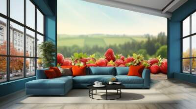 A copy space image of a rustic outdoor scene with a mound of fresh strawberries on a wooden table Wall mural