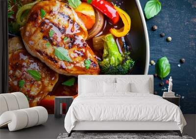 A delicious chicken steak dish served with colorful vegetables and a rich sauce, perfect for dinner parties, with a plain background for added effect in the copy space image. Wall mural