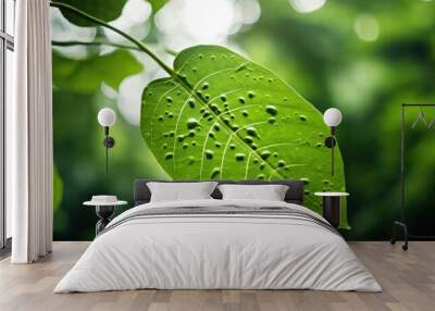 A diseased green leaf with lots of holes clicked in daylightnagainst natural background. Creative banner. Copyspace image Wall mural