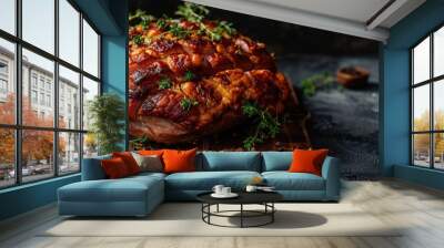 A festive and traditional Keto diet dish homemade baked pork ham on a rustic cutting board adorned with aromatic herbs The image includes selective soft focus and a text copy space for a ketogenic di Wall mural