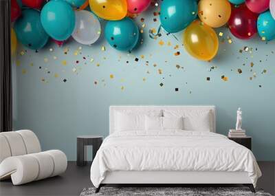 A festive flat lay style background featuring vibrant balloons presents and confetti Perfect for birthday or party greetings with room for a personalized message Copy space image Wall mural