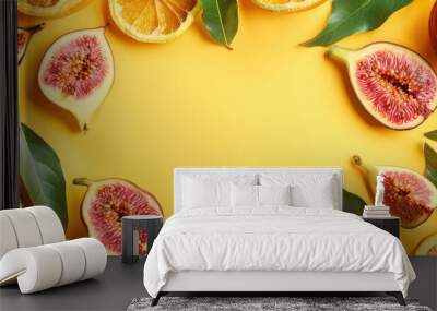 A frame composed of fresh fruits and sweet dried figs arranged on a yellow background providing copy space for an image Wall mural