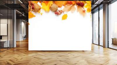 A greeting card with a floral design for autumn featuring a border of yellow leaves on a white surface It captures the seasonal concept of Thanksgiving day and there is ample copy space on the image Wall mural