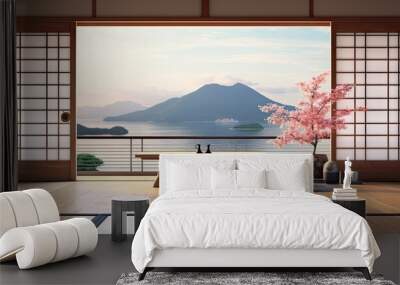 A Japanese style illustration of a modern living room with traditional elements Wall mural