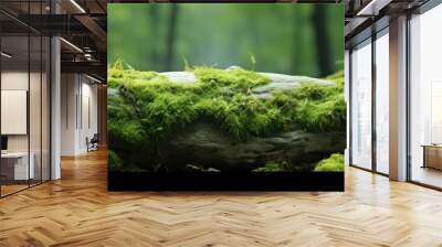 A panoramic website header featuring a stone covered in green moss in the forest, providing empty space for product placement and copy space for your design. It captures the essence of the natural Wall mural