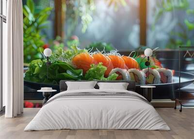 A plate of sushi accompanied by fresh vegetables and a side salad adds color and variety to the table ideal for a culinary copy space image Wall mural