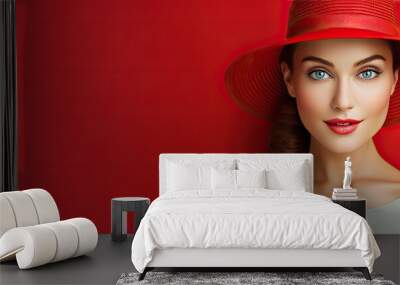 A pleasant young woman wearing a vibrant red hat. Creative banner. Copyspace image Wall mural