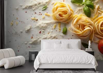 A still life scene featuring raw homemade pasta and pasta ingredients on a blank background for a copy space image Wall mural