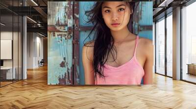 A stylish image of an attractive young Asian woman dressed casually in a pink tank top and denim skirt ideal for a modern carefree holiday look Gorgeous photograph capturing fashionable youth Wall mural