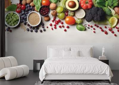 A top down view of cooking ingredients including fresh vegetables fruit beans meat fish and dairy products showcases the balanced and healthy concept of organic diet food There is ample copy space fo Wall mural