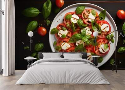 A top view flat lay showcasing a Caprese salad made with ripe tomatoes fragrant garden basil and creamy mozzarella cheese Ample copy space is available for additional elements Wall mural