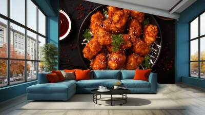 A top view of a plate with crispy popcorn chicken drizzled in barbecue sauce The image features a dark background and includes copy space Wall mural