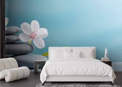 A tranquil spa and wellness concept with a pile of Zen stones, flowers, and towels placed on a light blue background with room for text. A calm and soothing treatment that promotes relaxation. A Wall mural