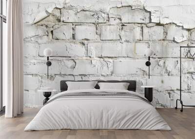 A weathered white cement wall with cracks against old masonry stone bricks in a copy space image Wall mural