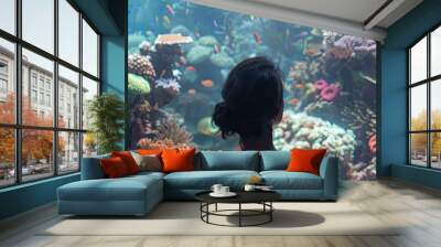 A woman in the background observing a coral reef aquarium with a blank space available for adding an image. Creative banner. Copyspace image Wall mural