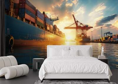 Aerial top view container ship in export and import global business and logistics Shipping cargo comercial dock by crane Container cargo freight shipping vessel. Creative Banner. Copyspace image Wall mural