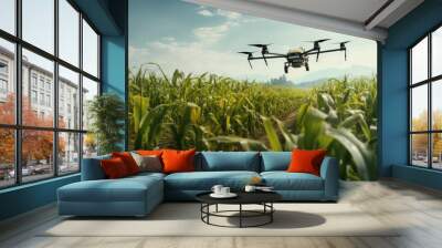 Agriculture drone fly to sprayed fertilizer on the sweet corn fields Wall mural